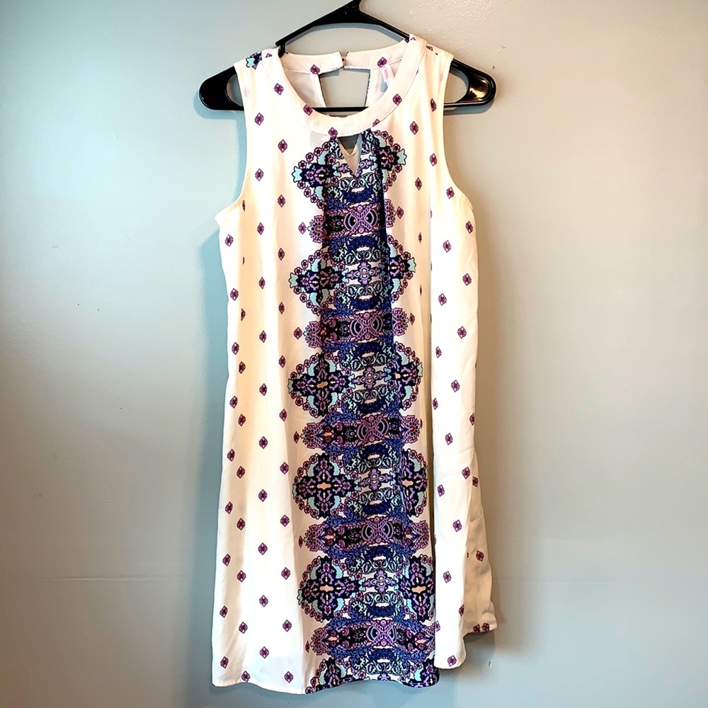 Knee length colorful dress.